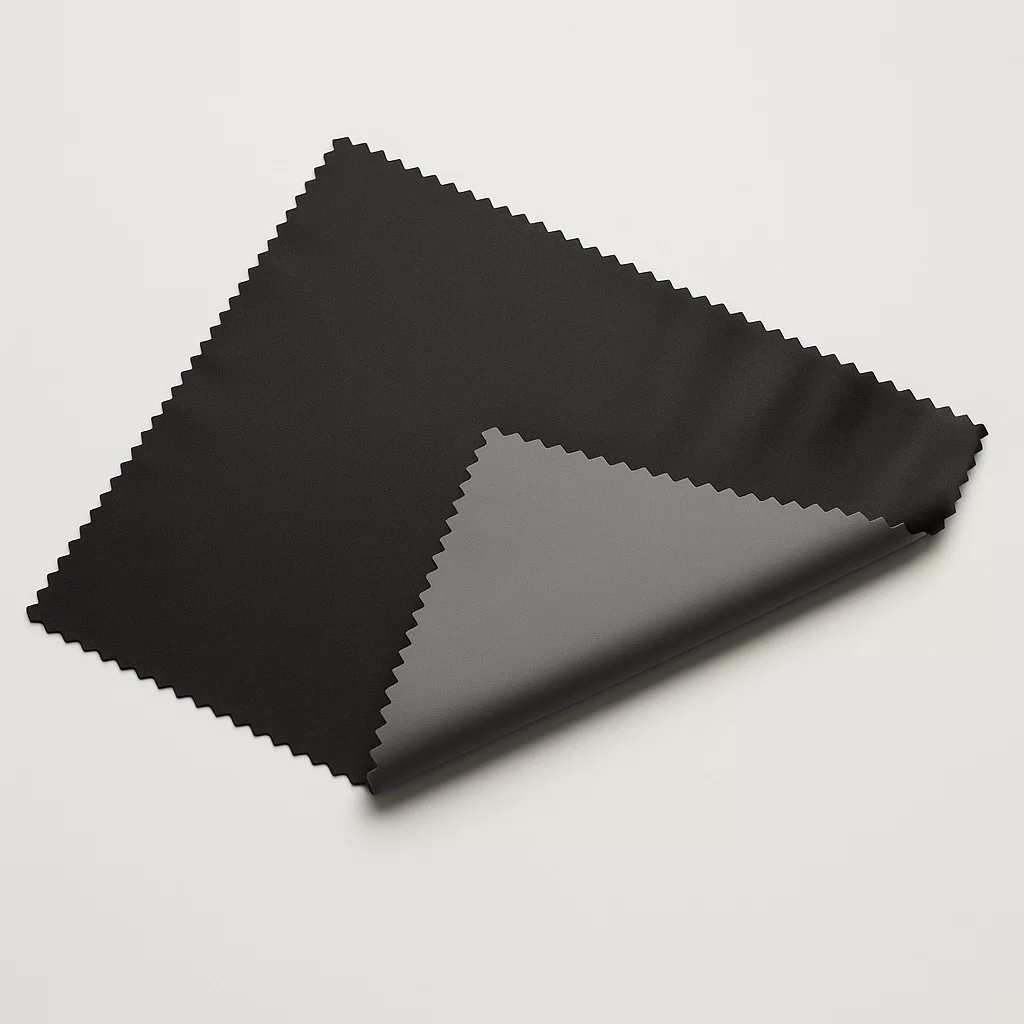 Amostra de tecido Blackout PVC preto com verso cinza