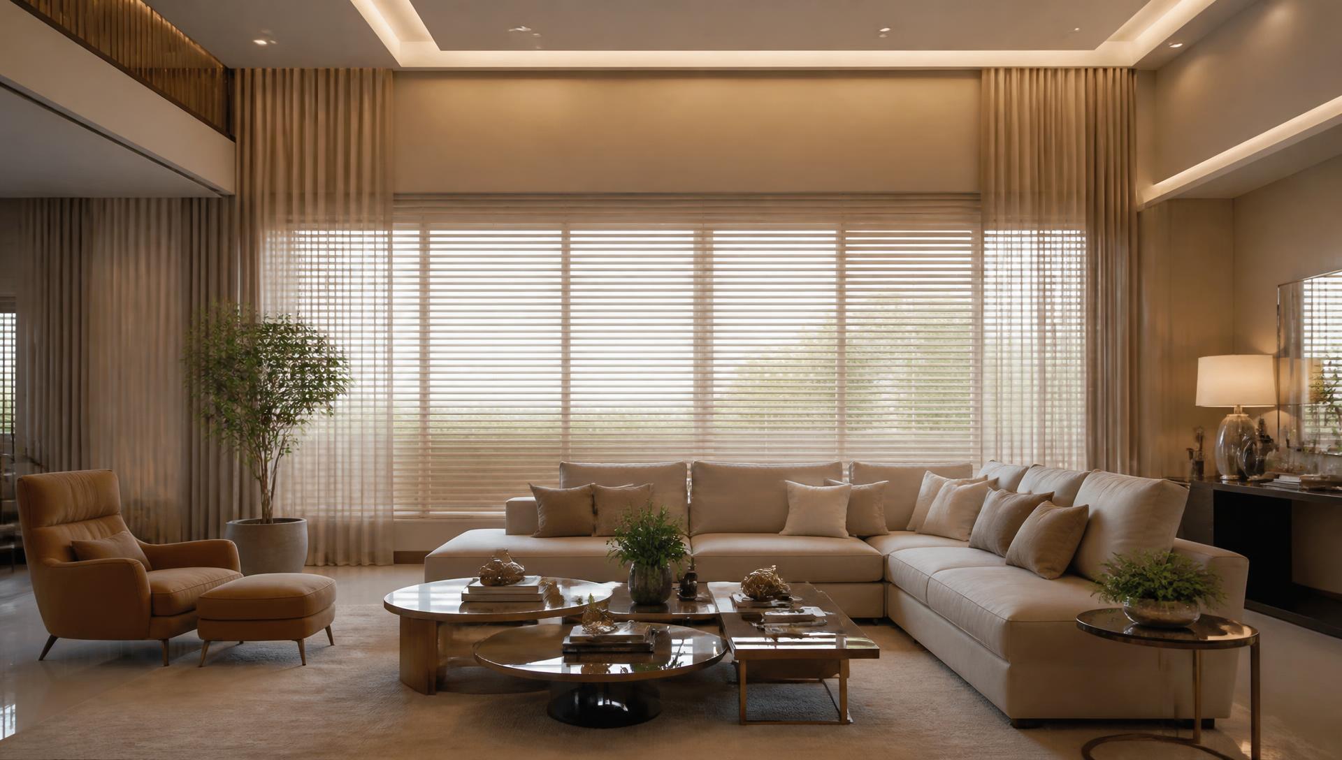 Ambiente sofisticado com cortinas e persianas